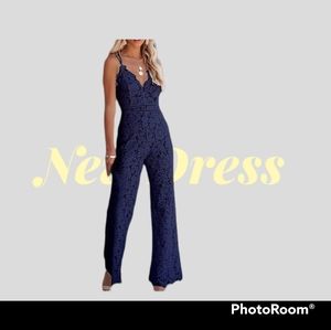 Classy Women Lace Floral Jumpsuits Sexy Sleeeveless Backless Party Romper Wide-L